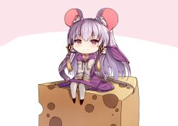 Rule 34 | 1girl, animal ear fluff, animal ears, blush, cheese, choker, closed mouth, commentary request, dress, fire emblem, fire emblem: three houses, food, full body, grey thighhighs, long hair, long sleeves, looking at viewer, lysithea von ordelia, mini person, minigirl, mouse ears, mouse girl, mouse tail, nintendo, purple choker, purple dress, red eyes, se-u-ra, silver hair, sitting, smile, solo, tail, tassel, thighhighs, two-tone background, veil, very long hair