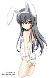 Rule 34 | 1girl, animal ears, ass, bare shoulders, black hair, blush, breasts, brown eyes, closed mouth, cropped legs, dated, fake animal ears, flipper, from side, girls und panzer, hair between eyes, hairband, leotard, long hair, looking at viewer, looking to the side, playboy bunny, rabbit ears, rabbit tail, reizei mako, simple background, small breasts, solo, strapless, strapless leotard, tail, twitter username, very long hair, white background, white hairband, white leotard, wrist cuffs