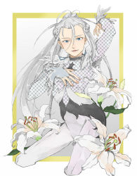 Rule 34 | 10s, 1boy, aged down, blue eyes, bodysuit, braid, bridal gauntlets, cropped legs, flower, french braid, hand on own chest, lily (flower), male focus, open mouth, ponytail, silver hair, smile, viktor nikiforov, you (gay322k), yuri!!! on ice