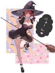 1girl absurdres bat_(animal) black_bow black_dress black_footwear bow braid breasts broom cleavage collar collarbone commentary_request dress eyelashes fang footwear_bow frilled_dress frills from_side full_body hair_bow hat hat_bow highres holding holding_broom huge_breasts kaenbyou_rin long_hair nail_polish open_mouth pink_nails platform_footwear pointy_ears purple_hat red_eyes red_hair short_sleeves solo speech_bubble standing standing_on_one_leg sugar_you touhou translation_request twin_braids white_collar witch_hat