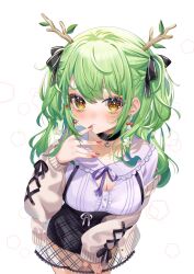 Rule 34 | 1girl, absurdres, antlers, blush, branch, breasts, cardigan, ceres fauna, ceres fauna (jirai kei), choker, cleavage, collarbone, finger to mouth, green hair, highres, hololive, hololive english, horns, large breasts, leaf, looking at viewer, looking up, nail polish, see-through, skirt, sweater, tangdou0402, virtual youtuber, wavy hair, yellow eyes
