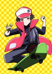 Rule 34 | 1boy, absurdres, baseball cap, black footwear, brown hair, checkered background, closed mouth, commentary request, creatures (company), fujiwara echi, full body, game freak, hat, highres, male focus, nintendo, pokemon, pokemon masters ex, red (pokemon), red (sygna suit) (pokemon), red eyes, riding, shoes, skateboard, solo, spiked hair, yellow background