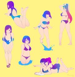 Rule 34 | 6+girls, :d, ass, backless swimsuit, barefoot, bikini, bob cut, book, breasts, closed mouth, commentary, dated, english commentary, gradient hair, hair ornament, hairclip, highres, large breasts, leaning forward, long hair, lying, multicolored hair, multiple girls, o-ring, o-ring bikini, on person, on stomach, one-piece swimsuit, one eye closed, open book, open mouth, original, parted lips, ponytail, razalor, short hair, side-tie bikini bottom, signature, simple background, smile, standing, standing on one leg, swimsuit, the pose, wading, yellow background