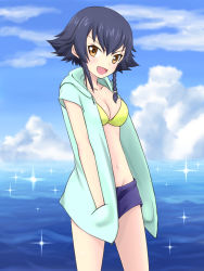 Rule 34 | 10s, 1girl, :d, bikini, bikini top only, black hair, blue hoodie, blue shorts, blush, braid, breasts, brown eyes, cleavage, cloud, cloudy sky, collarbone, commentary request, day, eyebrows, girls und panzer, groin, hair between eyes, hair ornament, hands in pockets, hood, hoodie, looking at viewer, medium breasts, navel, ocean, open clothes, open hoodie, open mouth, pepperoni (girls und panzer), ruka (piyopiyopu), short hair, short shorts, short sleeves, shorts, side braid, sky, smile, solo, star (symbol), stomach, swimsuit, water, yellow bikini