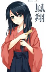 Rule 34 | 10s, 1girl, alternate hairstyle, bad id, bad pixiv id, black hair, brushing hair, character name, hair down, houshou (kancolle), japanese clothes, kantai collection, long hair, morizono shiki, simple background, smile, solo, twitter username