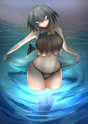 Rule 34 | 1girl, bare arms, bare legs, bare shoulders, beach, bikini, bird tail, black bikini, black hair, breasts, closed mouth, grey hair, hair between eyes, hair intakes, head tilt, highres, jewelry, john (a2556349), kemono friends, large breasts, light, long hair, looking at viewer, multicolored hair, navel, night, orange hair, outdoors, partially submerged, pendant, sand, shaded face, shell, shoebill (kemono friends), sidelocks, smile, solo, standing, stomach, swimsuit, tail, tankini, water, yellow eyes