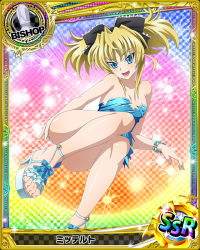 Rule 34 | 10s, 1girl, artist request, bishop (chess), blonde hair, blue dress, blue eyes, bracelet, card (medium), character name, chess piece, dress, fang, feet, high school dxd, jewelry, mittelt, official art, shoes, smile, solo, toes, torn clothes, trading card