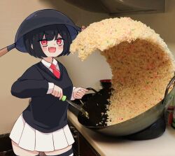 Rule 34 | :d, black hair, black sweater, black thighhighs, bob cut, bowl, breasts, collared shirt, commentary, cooking, counter, cowboy shot, dress shirt, english commentary, fang, flipping food, food, fried rice, fried rice prank (meme), highres, holding, holding cooking pot, holding spatula, jitome, kitchen, looking at viewer, mai (melonbread), medium breasts, melonbread, meme, necktie, open mouth, original, photo background, pleated skirt, pot on head, red necktie, school uniform, shirt, short hair, skirt, smile, smug, spatula, standing, sweater, thighhighs, upturned eyes, v-neck, v-shaped eyebrows, white shirt, white skirt, wok, zettai ryouiki