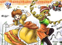 Rule 34 | 2girls, arms (game), back-to-back, blonde hair, blue eyes, breasts, brown hair, chinese clothes, cobushii (arms), cook, crown, dress, earrings, flower earrings, gloves, green eyes, grin, hat, jewelry, kicdon, leggings, mario (series), mask, min min (arms), multiple girls, nintendo, one eye closed, orange dress, princess daisy, puffy short sleeves, puffy sleeves, short sleeves, shorts, smile, spacecraft, super mario land, super smash bros., toad (mario), tomboy, wink