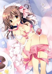Rule 34 | 1girl, absurdres, ahoge, bare shoulders, blush, bound, bow, box, breasts, brown eyes, brown hair, cake, collarbone, convenient leg, covered erect nipples, cropped, dress, dress bow, english text, eyebrows, flower, food, frilled pillow, frilled skirt, frills, gift, gift box, gift wrapping, hair ribbon, hands up, heart, heart necklace, highres, jewelry, knees up, large breasts, long hair, looking at viewer, lying, matching hair/eyes, md5 mismatch, mouth hold, necklace, off shoulder, on back, pan (mimi), pillow, pink bow, pink ribbon, ribbon, ribbon in mouth, scan, skirt, sleeveless, sleeveless dress, smile, solo, strap slip, tied up, towel, white dress, wrapped up