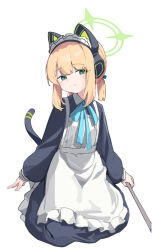 Rule 34 | 1girl, apron, arsyky14, black dress, blonde hair, blue archive, blush, cat tail, closed mouth, dress, frilled apron, frills, green eyes, green halo, halo, highres, light smile, looking at viewer, maid, maid apron, maid headdress, midori (blue archive), midori (maid) (blue archive), short hair, simple background, solo, tail, white apron, white background