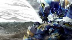 Rule 34 | 1boy, armor, blowing, blue armor, cloud, crack, damaged, energy barrier, game cg, grey sky, highres, looking away, mecha, mountain, neo granzon, robot, shuu shirakawa, sitting, size difference, sky, super robot wars, super robot wars og saga masou kishin f coffin of the end, super robot wars original generation, super robot wars the lord of elemental