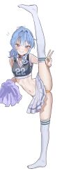 Rule 34 | 1girl, black choker, black shirt, blue eyes, blue hair, blush, cheerleader, choker, commentary, cropped shirt, english commentary, hand up, highres, hololive, hoshimachi suisei, long hair, looking at viewer, no shoes, orange panties, panties, pleated skirt, pom pom (cheerleading), shirt, simple background, skindentation, skirt, sleeveless, sleeveless shirt, smile, solo, split, standing, standing on one leg, standing split, sweat, thighhighs, thighs, tomanesan, underwear, v, virtual youtuber, white background, white skirt, white thighhighs