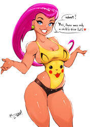 Rule 34 | 1girl, absurdres, aleksandrgav, black shorts, blue eyes, breasts, character print, cleavage, collarbone, cowboy shot, creatures (company), earrings, english text, female focus, game freak, gen 1 pokemon, grin, highres, jessie (pokemon), large breasts, lips, long hair, looking at viewer, nintendo, one-piece swimsuit, pearl earrings, pikachu, pokemon, pokemon (anime), pokemon (classic anime), purple hair, short shorts, shorts, simple background, smile, solo, speech bubble, swimsuit, teeth, thighs, white background, yellow one-piece swimsuit