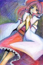 Rule 34 | 1girl, bad id, bad pixiv id, blue eyes, colored pencil, colored pencil (medium), detached sleeves, female focus, hakurei reimu, own hands clasped, heterochromia, japanese clothes, miko, millipen (medium), own hands together, pencil, red eyes, solo, takt., touhou, traditional media