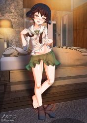 Rule 34 | 1girl, barefoot, bed, black hair, blush, breasts, brown eyes, cameltoe, collarbone, covered erect nipples, girls und panzer, green skirt, groin, highres, impossible clothes, impossible skirt, indoors, looking at viewer, megadeko, miniskirt, navel, no panties, ooarai school uniform, open mouth, pleated skirt, school uniform, shiny skin, short hair, single sock, skirt, small breasts, smile, socks, solo, standing, undressing, utsugi yuuki