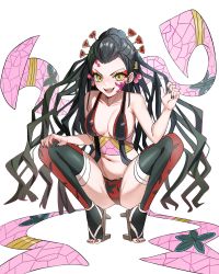 Rule 34 | 1girl, absurdres, bare arms, bare shoulders, black hair, black nails, breasts, cleavage, collarbone, commentary, daki (kimetsu no yaiba), demon, demon girl, fangs, full body, geta, green eyes, hair ornament, hair stick, highres, kimetsu no yaiba, kiritzugu, lips, long hair, looking at viewer, medium breasts, nail polish, navel, obi, open mouth, panties, sash, simple background, solo, squatting, stomach, symbol-shaped pupils, tattoo, thighhighs, toeless legwear, toes, underwear