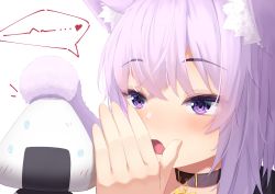 Rule 34 | 1girl, absurdres, animal ear fluff, animal ears, black collar, blush, cat ears, cat girl, cat tail, collar, commentary request, highres, hololive, looking at another, nekomata okayu, onigirya (nekomata okayu), open mouth, purple eyes, purple hair, simple background, speech bubble, starkamisan, sweat, tail, virtual youtuber, whispering, white background