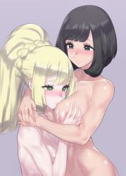 Rule 34 | 2girls, absurdres, arms around neck, black hair, blonde hair, blush, closed mouth, collarbone, commentary request, creatures (company), eyelashes, game freak, grabbing, grabbing another&#039;s breast, green eyes, highres, large areolae, lillie (pokemon), long hair, looking down, mizuumi (bb), multiple girls, nintendo, nude, parted lips, pokemon, pokemon sm, selene (pokemon), shiny skin, short hair, teeth, toned, yuri