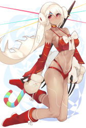 Rule 34 | 1girl, absurdres, altera (fate), altera the santa (fate), armpits, artist name, bare shoulders, bikini, blush, boots, bow, breasts, bright pupils, candy, candy cane, choker, cleavage, closed mouth, commentary request, dark-skinned female, dark skin, dated, detached sleeves, earmuffs, fate/grand order, fate (series), food, full body, highres, knee boots, kneeling, long sleeves, looking at viewer, medium breasts, mittens, peng yong, red bikini, red choker, red eyes, red footwear, sheep, short hair, silver hair, smile, solo, swimsuit, tattoo, two-tone background, veil, white bow, white mittens