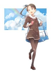 Rule 34 | 10s, 1girl, alternate costume, ayanami (kancolle), brown eyes, brown hair, brown pantyhose, buttons, cellphone, cloud, dress, hair ribbon, kantai collection, looking up, matsutani, neckerchief, open mouth, pantyhose, phone, rainbow, ribbon, sailor collar, shoes, side ponytail, smartphone, smile, solo