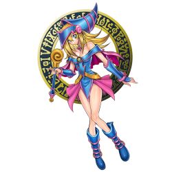 Rule 34 | 1girl, bare legs, bare shoulders, blonde hair, blush stickers, bracer, breasts, dark magician girl, duel monsters, full body, green eyes, hat, highres, konami, large breasts, leotard, long hair, long legs, looking at viewer, looking back, magic circle, magical girl, official art, pelvic curtain, pink background, pink skirt, simple background, skirt, smile, solo, staff, thick thighs, thighs, wide hips, witch hat, wizard hat, yu-gi-oh!