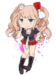 Rule 34 | 10s, 1girl, blonde hair, blue eyes, boots, bow, breasts, chibi, cleavage, danganronpa: trigger happy havoc, danganronpa (series), enoshima junko, full body, hair bow, hair ornament, hairclip, hand on own hip, looking at viewer, necktie, pleated skirt, skirt, smirk, solo, standing, tsuduya (knt31), twintails, v, white background