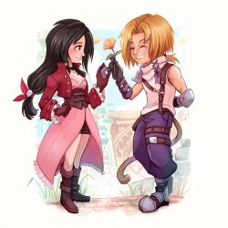 Rule 34 | 1boy, 1girl, absurdres, aerith gainsborough, aerith gainsborough (cosplay), armor, armored boots, baggy pants, black hair, blonde hair, blue pants, blush, boots, breasts, brown corset, brown footwear, brown gloves, brown shorts, center opening, choker, closed eyes, cloud strife, cloud strife (cosplay), cobblestone, corset, cosplay, couple, cropped jacket, dress, elbow pads, final fantasy, final fantasy ix, final fantasy vii, flower, frilled dress, frills, full body, garnet til alexandros xvii, gloves, grey gloves, grin, hair ribbon, hetero, highres, holding, holding flower, jacket, long hair, long sleeves, looking at another, low-tied long hair, low ponytail, medium breasts, monkey tail, pants, parted bangs, pink dress, red jacket, red ribbon, ribbon, ribbon choker, shirt, short hair with long locks, shorts, shorts under dress, shoulder armor, shuravf, signature, single bare shoulder, single elbow pad, single shoulder pad, sleeveless, sleeveless turtleneck, smile, suspenders, swept bangs, tail, thigh strap, turtleneck, underbust, white shirt, yellow flower, zidane tribal