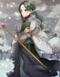 Rule 34 | 1boy, androgynous, black dress, blurry, blurry background, capelet, dress, facial mark, fire emblem, fire emblem: path of radiance, floating hair, green hair, grey capelet, haru (nakajou-28), highres, holding, holding staff, long dress, long hair, long sleeves, male focus, nintendo, outdoors, red eyes, snow, snowing, solo, soren (fire emblem), staff, very long hair