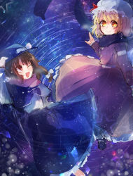 Rule 34 | 2girls, ;d, black headwear, black scarf, blonde hair, blue capelet, blue skirt, blush, bow, brown hair, capelet, commentary request, dress, eye contact, hair bow, hat, hat bow, hat ribbon, long sleeves, looking at another, looking at viewer, magic circle, maribel hearn, mob cap, moyashi (oekaki touhou), multiple girls, night, night sky, one eye closed, open mouth, outdoors, pink scarf, purple dress, red eyes, red ribbon, ribbon, scarf, shirt, short hair, sketch, skirt, sky, smile, space, star (sky), starry sky, touhou, usami renko, white bow, white headwear, white shirt, yellow eyes