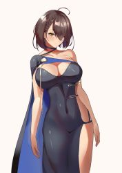 Rule 34 | 1girl, absurdres, ahoge, armlet, asymmetrical clothes, azur lane, baltimore (azur lane), baltimore (evening breeze minuet) (azur lane), black cape, black choker, black dress, blue cape, braid, breasts, brown hair, cape, choker, cleavage, closed mouth, collarbone, commentary, covered navel, cowboy shot, dress, evening gown, french braid, hair between eyes, highres, large breasts, looking at viewer, maanu, official alternate costume, short hair, side cape, sideless outfit, sidelocks, simple background, single bare shoulder, skindentation, solo, standing, strapless, strapless dress, two-tone cape, white background, yellow eyes