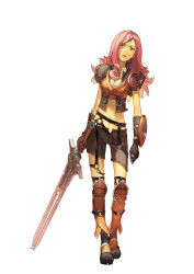 Rule 34 | 1girl, absurdres, boots, breasts, buckler, cleavage, croxino, female warrior (croxino), fringe trim, full body, gloves, hidari (left side), highres, long hair, official art, parted lips, pink eyes, pink hair, shield, shorts, simple background, solo, sword, weapon, white background