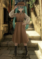 Rule 34 | 1girl, absurdres, alley, alternate costume, amaama (beccyonaika1), aqua eyes, aqua hair, belt, bicycle, boots, brown dress, brown hat, casual, dress, hand on headwear, hand on own hip, hat, hatsune miku, highres, long hair, looking at viewer, shade, solo, stairs, twintails, vocaloid