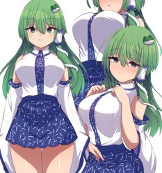Rule 34 | 1girl, bare shoulders, blue skirt, blush, breasts, closed mouth, collared shirt, darumoon, detached sleeves, eyelashes, frog hair ornament, green eyes, green hair, hair ornament, highres, kochiya sanae, large breasts, long hair, long sleeves, looking at viewer, miniskirt, multiple views, nose blush, open mouth, pleated skirt, print skirt, shiny skin, shirt, simple background, single hair tube, skirt, sleeveless, sleeveless shirt, smile, snake hair ornament, standing, thick thighs, thighs, touhou, white background, white shirt, wide sleeves, wing collar