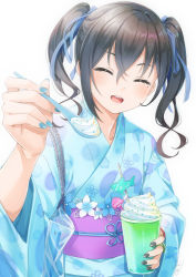 Rule 34 | 1girl, :d, ^ ^, black hair, black nails, blue kimono, blue nails, blue ribbon, blush, closed eyes, commentary request, cup, disposable cup, facing viewer, feeding, floral print, hair between eyes, hair ribbon, holding, holding cup, holding spoon, idolmaster, idolmaster cinderella girls, japanese clothes, kimono, long hair, long sleeves, miri (ago550421), mole, mole under eye, nail polish, obi, open mouth, print kimono, ribbon, sash, sharp teeth, simple background, smile, solo, spoon, sunazuka akira, teeth, twintails, upper body, white background, wide sleeves