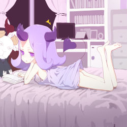 Rule 34 | 1girl, ^^^, ass, barefoot, bed, bedroom, blush, book, bookshelf, curtains, doremi, drawing tablet, embarrassed, flat chest, glint, horns, indoors, jitome, lavender shirt, legs up, lifted by tail, looking at viewer, lying, monitor, naked shirt, night, nose blush, notepad, on bed, on stomach, open book, original, purple eyes, purple hair, shirt, single horn, solo, stuffed animal, stuffed toy, surprised, sweatdrop, tail, window