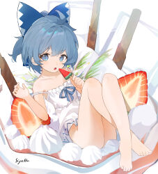 Rule 34 | 1girl, artist name, ass, barefoot, blue bow, blue eyes, blue hair, bow, camisole, cirno, collarbone, commentary, crossed legs, feet, food, fruit, hair between eyes, hair bow, highres, holding, holding food, knees up, legs, open mouth, popsicle, short hair, signature, siyumu, solo, strawberry, toenails, toes, touhou, watermelon bar, white camisole