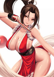 Rule 34 | 1girl, arm up, bare hips, bare shoulders, breasts, brown hair, cleavage, folded fan, closed mouth, collarbone, commentary request, cowboy shot, folding fan, forehead, hand fan, high ponytail, holding, holding fan, japanese clothes, kimono, large breasts, leaning forward, looking at viewer, naked kimono, no bra, no panties, obi, orange eyes, red kimono, revealing clothes, sash, shiranui mai, simple background, smile, solo, takanashi-a, the king of fighters, thighs, white background, wrist guards