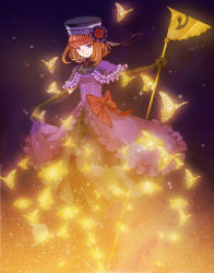 Rule 34 | 07th expansion, 1girl, bad id, bad pixiv id, bow, bug, butterfly, clothes lift, dress, elbow gloves, eva beatrice, flower, gloves, glowing, hat, insect, no naku koro ni (series), orange hair, popompon, purple eyes, red flower, red rose, ribbon, rose, skirt, skirt hold, skirt lift, smile, solo, staff, umineko no naku koro ni