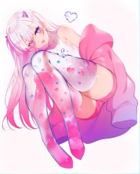 Rule 34 | 1girl, achiki, air bubble, bubble, commentary, floating, gradient eyes, heart, heart-shaped pupils, heart print, horns, jacket, long hair, long sleeves, looking at another, multicolored eyes, off shoulder, open mouth, original, pink footwear, pink hair, pink jacket, pink shorts, purple eyes, purple horns, shirt, shoes, short shorts, shorts, simple background, sleeveless, sleeveless shirt, smile, solo, symbol-only commentary, symbol-shaped pupils, thighhighs, white background, white hair, white shirt