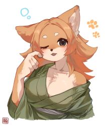 Rule 34 | 1girl, animal ears, black eyes, blush, body fur, breasts, brown fur, cleavage, cropped torso, dog ears, dog girl, furry, furry female, head tilt, highres, japanese clothes, kawarage yatano, kimono, large breasts, light brown hair, looking at viewer, one eye closed, open mouth, original, parted bangs, paw print, sash, simple background, single bare shoulder, solo, upper body, white background, yukata