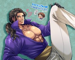Rule 34 | 2boys, blue eyes, hand on own knee, heart, highres, looking at viewer, male focus, miru (mill 36), multiple boys, open clothes, open shirt, ponytail, robert garcia, ryuuko no ken, sash, sie kensou, the king of fighters, translation request
