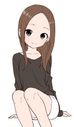 Rule 34 | 1girl, black shirt, brown eyes, brown hair, closed mouth, commentary request, feet out of frame, forehead, head tilt, highres, karakai jouzu no takagi-san, long hair, long sleeves, looking at viewer, parted bangs, shirt, short shorts, shorts, simple background, sitting, sleeves past wrists, smile, solo, takagi-san, white background, white shorts, yamamoto souichirou