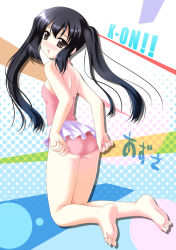 Rule 34 | 1girl, adjusting clothes, adjusting swimsuit, akino shin, ass, bad id, bad pixiv id, barefoot, black hair, brown eyes, casual one-piece swimsuit, feet, foot focus, k-on!, legs, long hair, nakano azusa, one-piece swimsuit, pink one-piece swimsuit, soles, solo, swimsuit, twintails