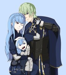 Rule 34 | 1boy, 2girls, alternate costume, blue background, blue eyes, blue hair, braid, breasts, brown eyes, byleth (fire emblem), byleth (male) (fire emblem), cape, cleavage, closed mouth, couple, crown braid, dress, father and daughter, fire emblem, fire emblem: three houses, fur trim, green eyes, green hair, hetero, highres, holding hands, husband and wife, if they mated, light blue hair, long hair, long sleeves, marianne von edmund, medium breasts, mother and daughter, multiple girls, nintendo, one eye closed, open mouth, simple background, sitting, sitting on lap, sitting on person, smile, weiniecheeser