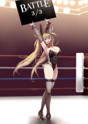 Rule 34 | 1girl, :d, alternate costume, animal ears, ankle boots, armpits, arms up, black footwear, black leotard, black thighhighs, blonde hair, blue eyes, boots, bow, bowtie, boxing ring, bradamante (fate), breasts, brown background, cleavage, covered navel, detached collar, detached sleeves, english text, fake animal ears, fake tail, fate/grand order, fate (series), full body, gradient background, highres, holding, holding sign, large breasts, leotard, long hair, long sleeves, looking at viewer, open mouth, playboy bunny, purple background, rabbit ears, rabbit tail, round girl, sign, smile, solo, standing, striped bow, striped bowtie, striped clothes, tail, thighhighs, tobisawa, very long hair, wrist cuffs