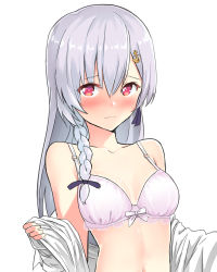Rule 34 | .live, absurdres, anchor hair ornament, bad id, bad pixiv id, blush, bow, bow bra, bra, braid, breasts, cleavage, embarrassed, hair ornament, highres, kutar22, long hair, navel, open clothes, open shirt, red eyes, shirt, small breasts, solo, underwear, virtual youtuber, wavy mouth, white background, white bra, white hair, yozakura tama