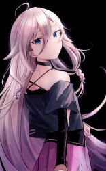 Rule 34 | 1girl, :|, ahoge, akebisousaku, bare shoulders, black background, black shirt, blue eyes, closed mouth, collar, commentary request, expressionless, eyebrows hidden by hair, hair between eyes, highres, ia (vocaloid), long hair, looking at viewer, looking back, partial commentary, pink hair, pink skirt, shirt, simple background, skirt, solo, vocaloid