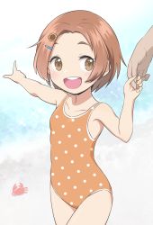 Rule 34 | 1girl, 1other, beach, brown eyes, brown hair, hair ornament, hairclip, holding hands, highres, idolmaster, idolmaster cinderella girls, open mouth, out of frame, pointing, polka dot, polka dot swimsuit, ryuzaki kaoru, short hair, smile, solo focus, standing, swimsuit, yama tatsuo