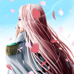Rule 34 | 1girl, back, cigarette, coat, commentary request, epaulettes, falling petals, floating, gradient background, highres, hina (one piece), holding, holding cigarette, long hair, looking back, mitsuki32, one piece, petals, pink hair, pink petals, red lips, sky, smoke, upper body, white coat